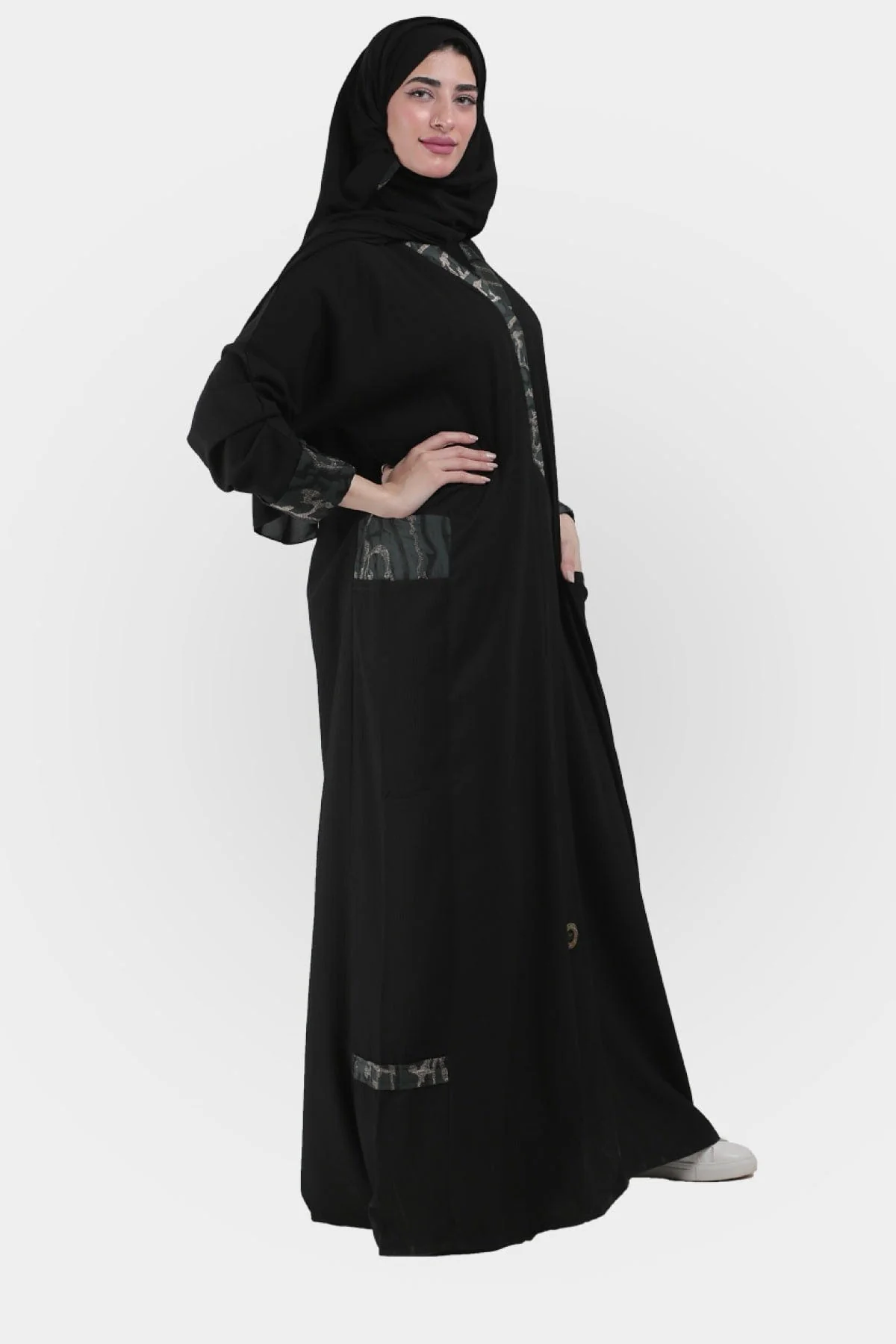 عباية كريب ملفوفة من التفتا خضراء بجيب من الأمام - Image 3