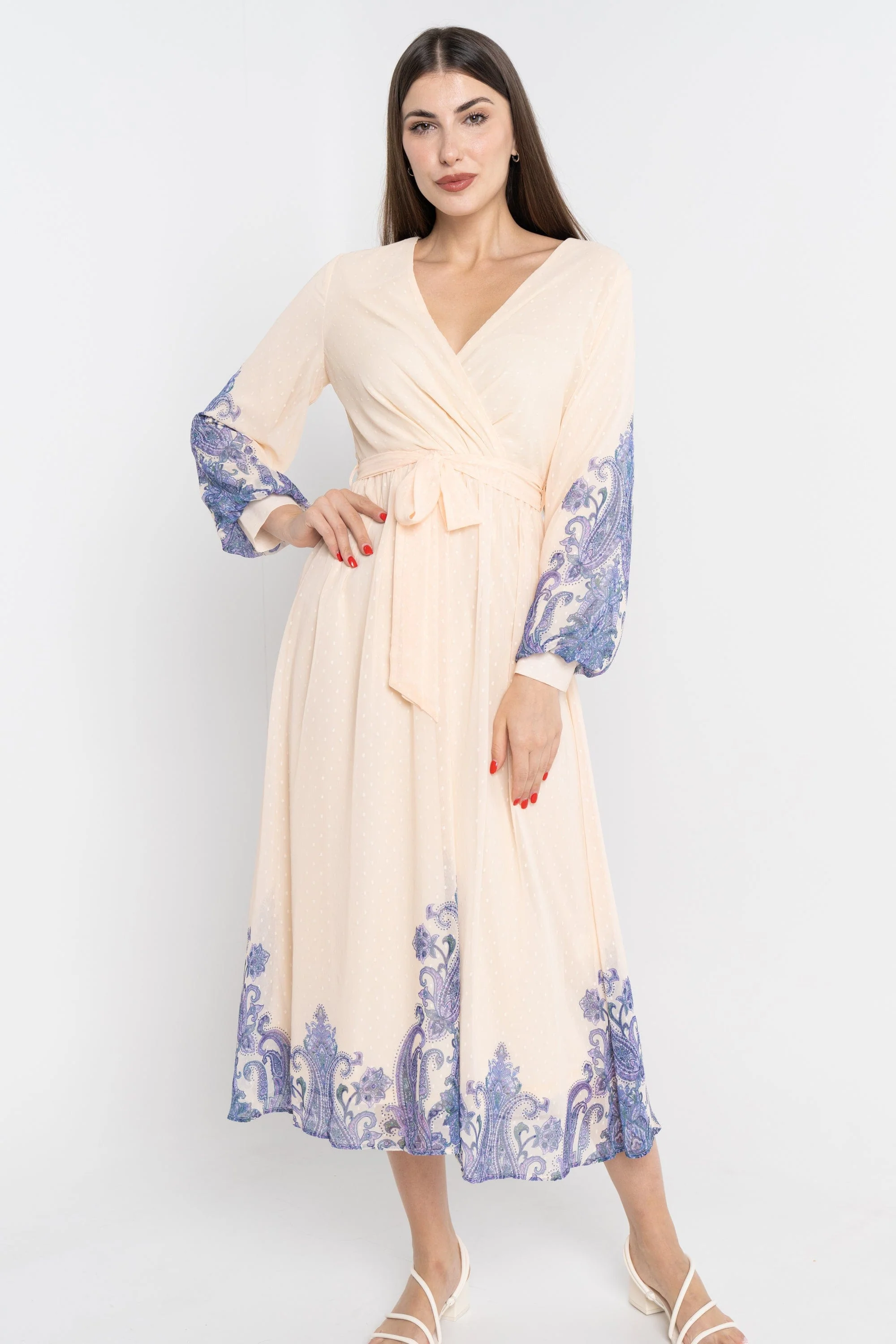 فستان ميدي بأكمام طويلة منقوشة - Image 4
