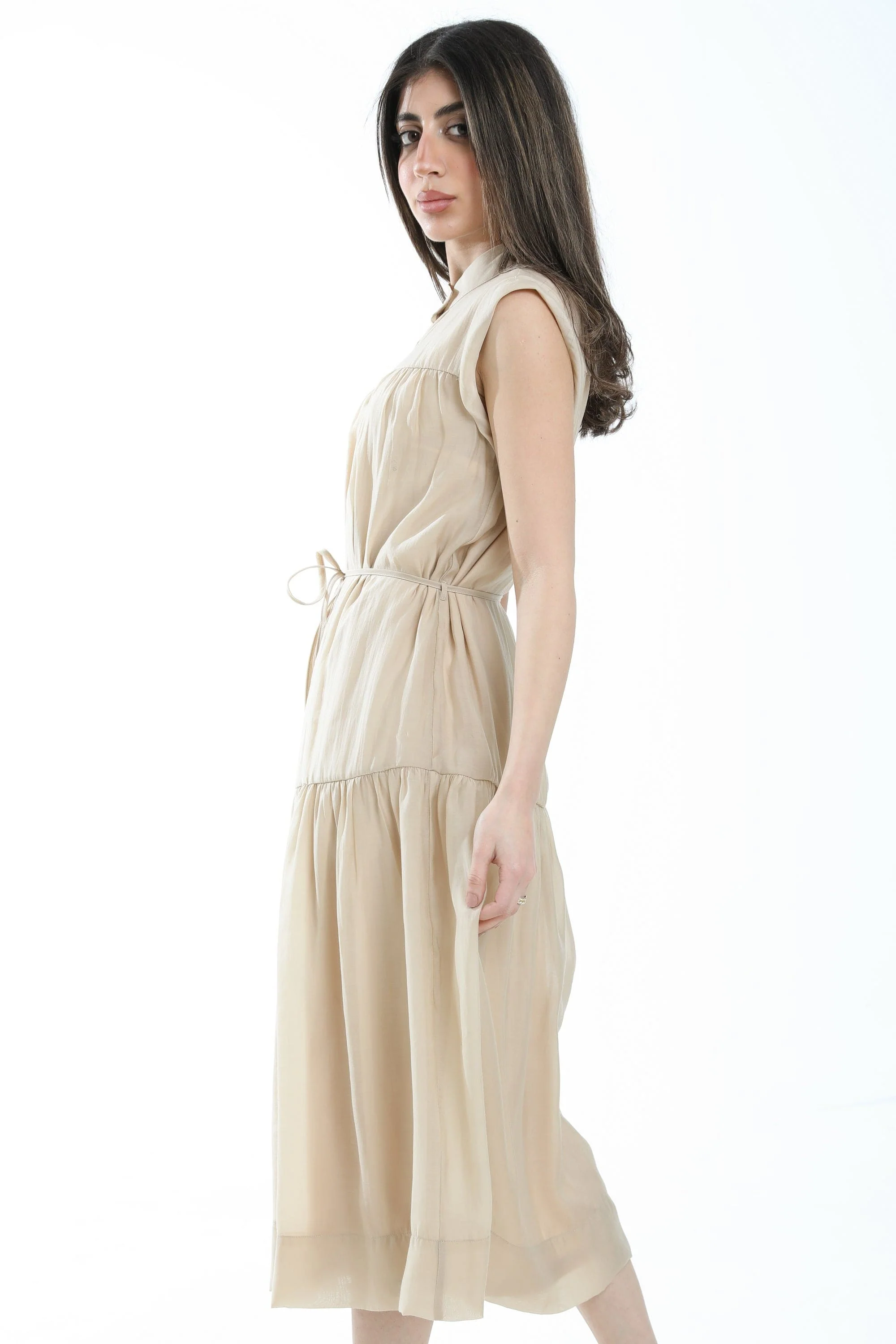 فستان ميدي سادة بأزرار أمامية كم قصير نسائي - Image 3