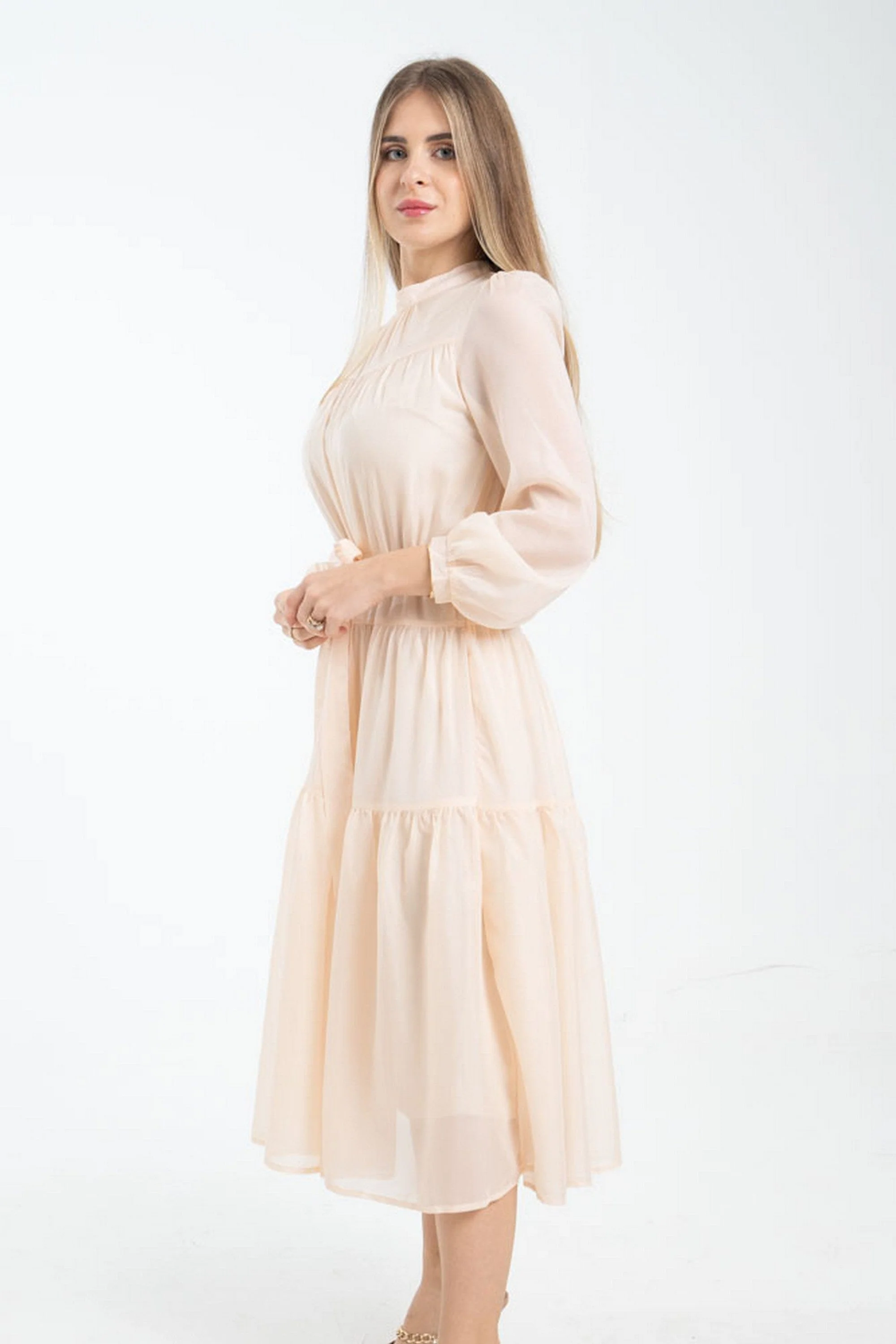 فستان سادة ميدي مخصر طبقات كم طويل نسائي - Image 6