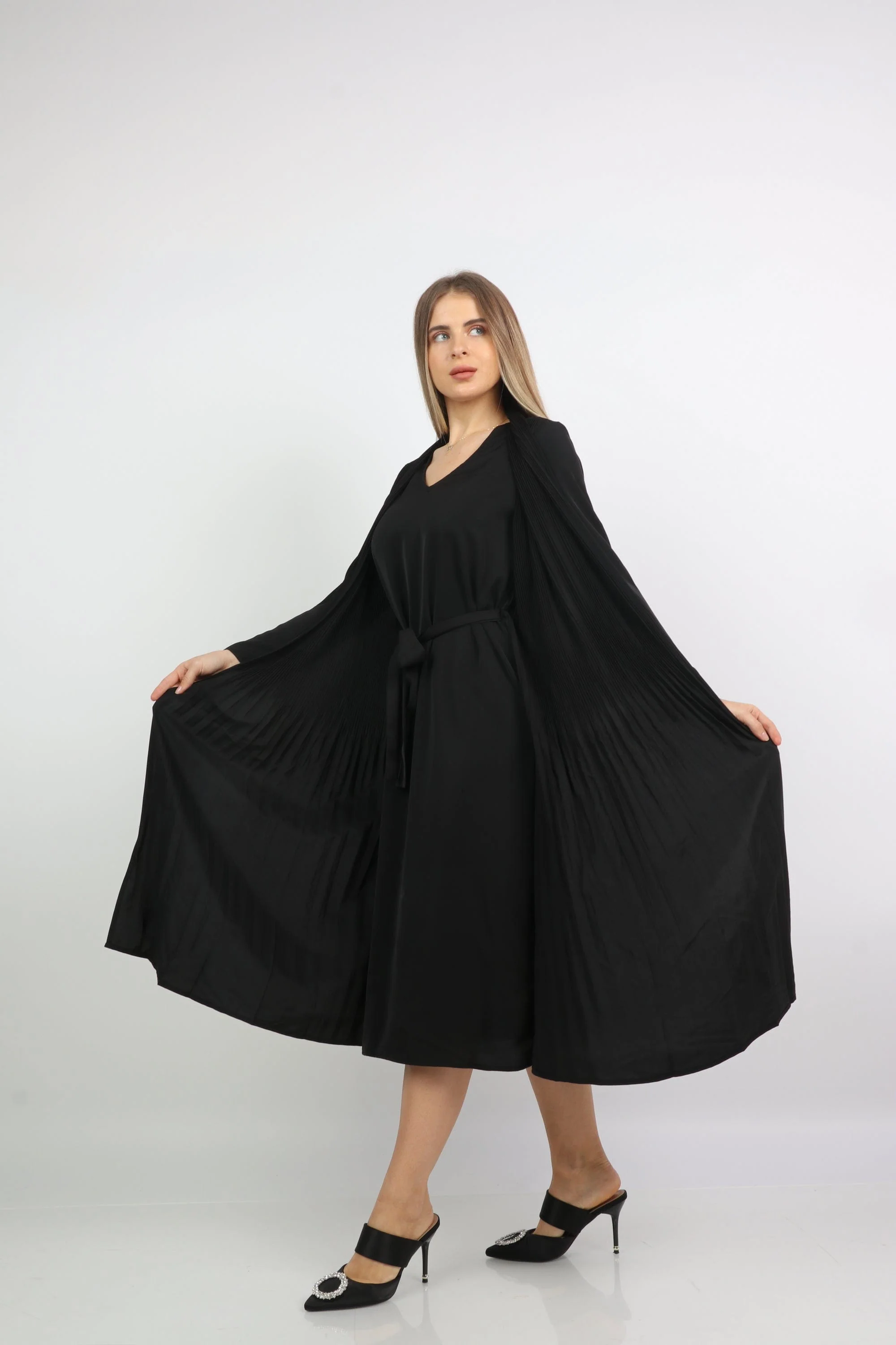 فستان ميدي بحزام على الخصر بأكمام طويلة - Image 11