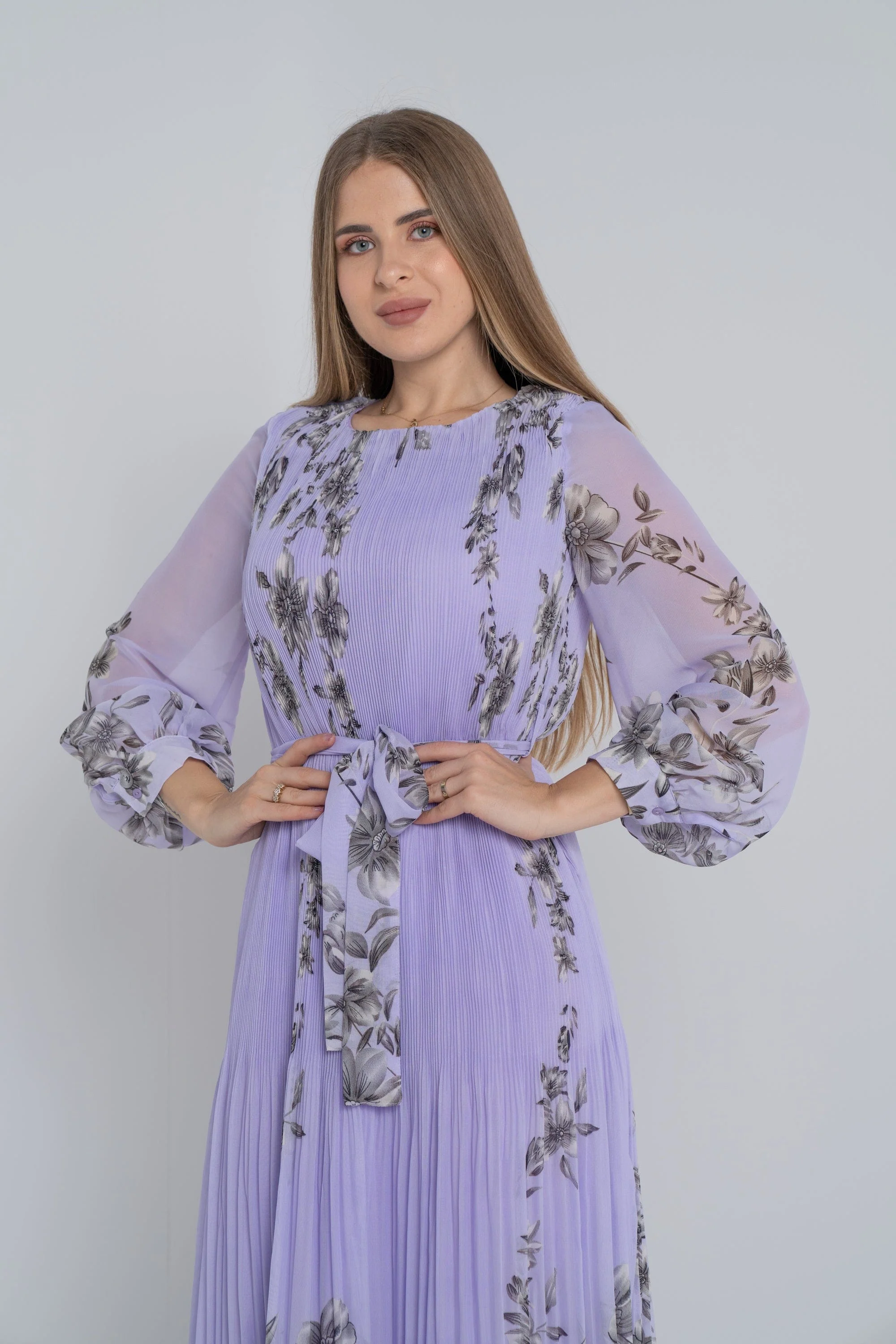 فستان طويل بكسرات من أسفل كم طويل - Image 4