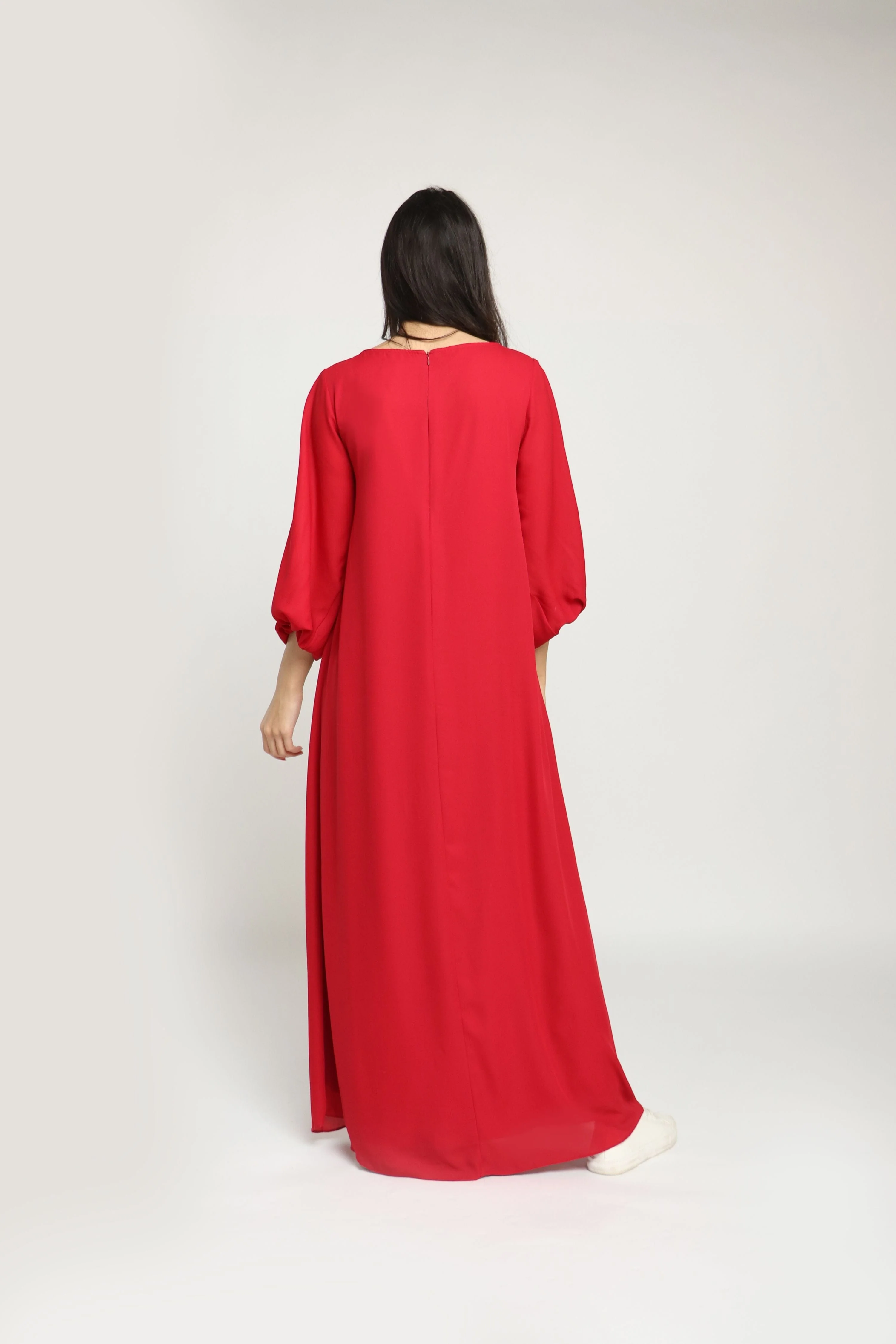 فستان ماكسي 3/4 كم سادة بياقة دائرية - Image 2