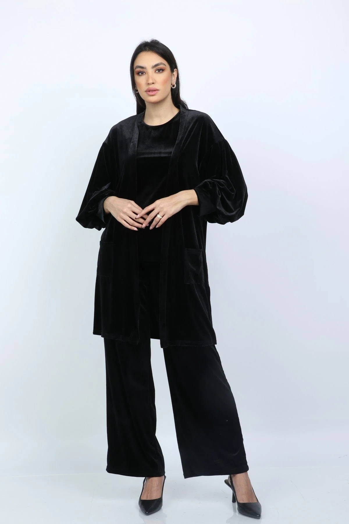 كارديجان نسائي قصير سادة بأكمام منفوشة طويلة - Image 6